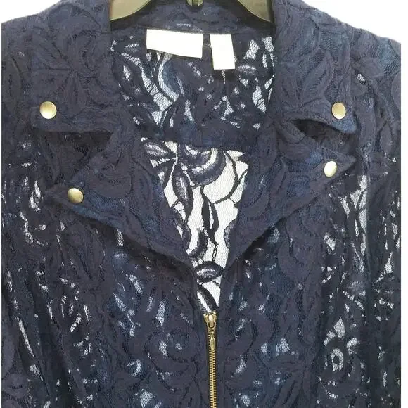 Chicos Navy Lace Moto Jacket Blue Sheer Zip Front Cuffs Long Sleeve Feminine - Picture 7 of 10